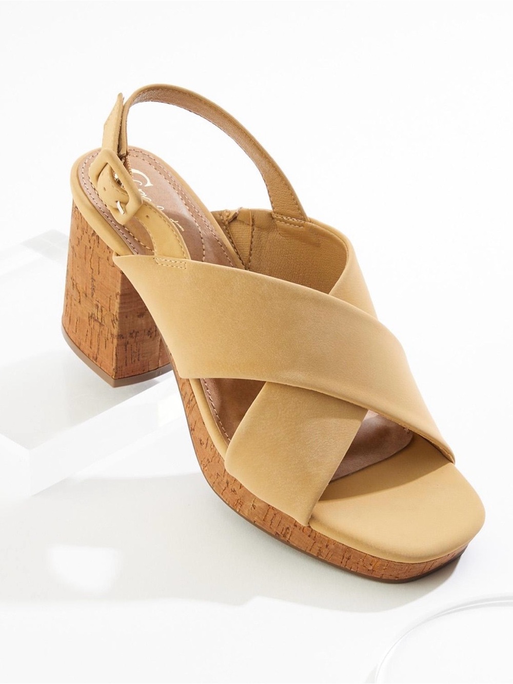 Cross‑Strap Cork Block Heel faux leather Sandal in Tan 3.5 inch heel